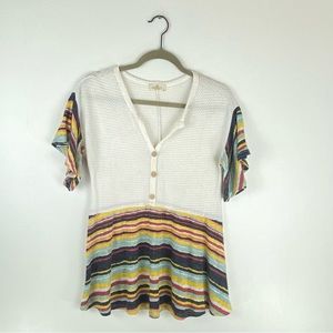 Hopely Womens Small Blouse Tunic Stripe Flare Short Sleeve Babydoll White Red